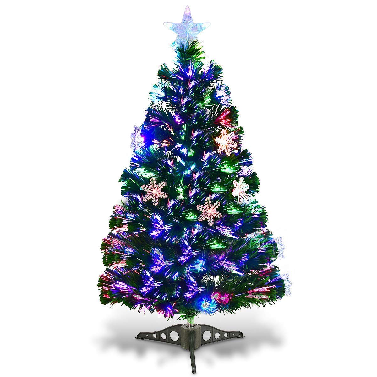 Goplus Pre-Lit Fiber Optic Artificial Christmas Tree, with Multicolor Led Lights and Snowflakes (3 FT)