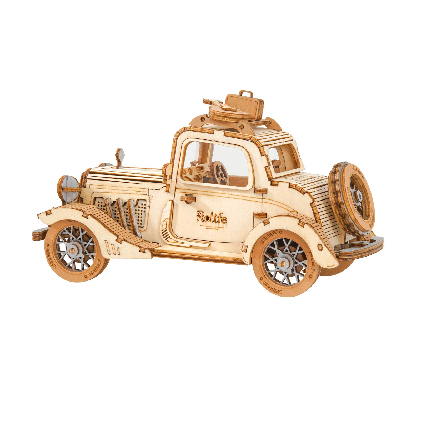 Rolife Adults DIY Retro Model Car Wooden Construction Kits, Vintage Car 3D Puzzle