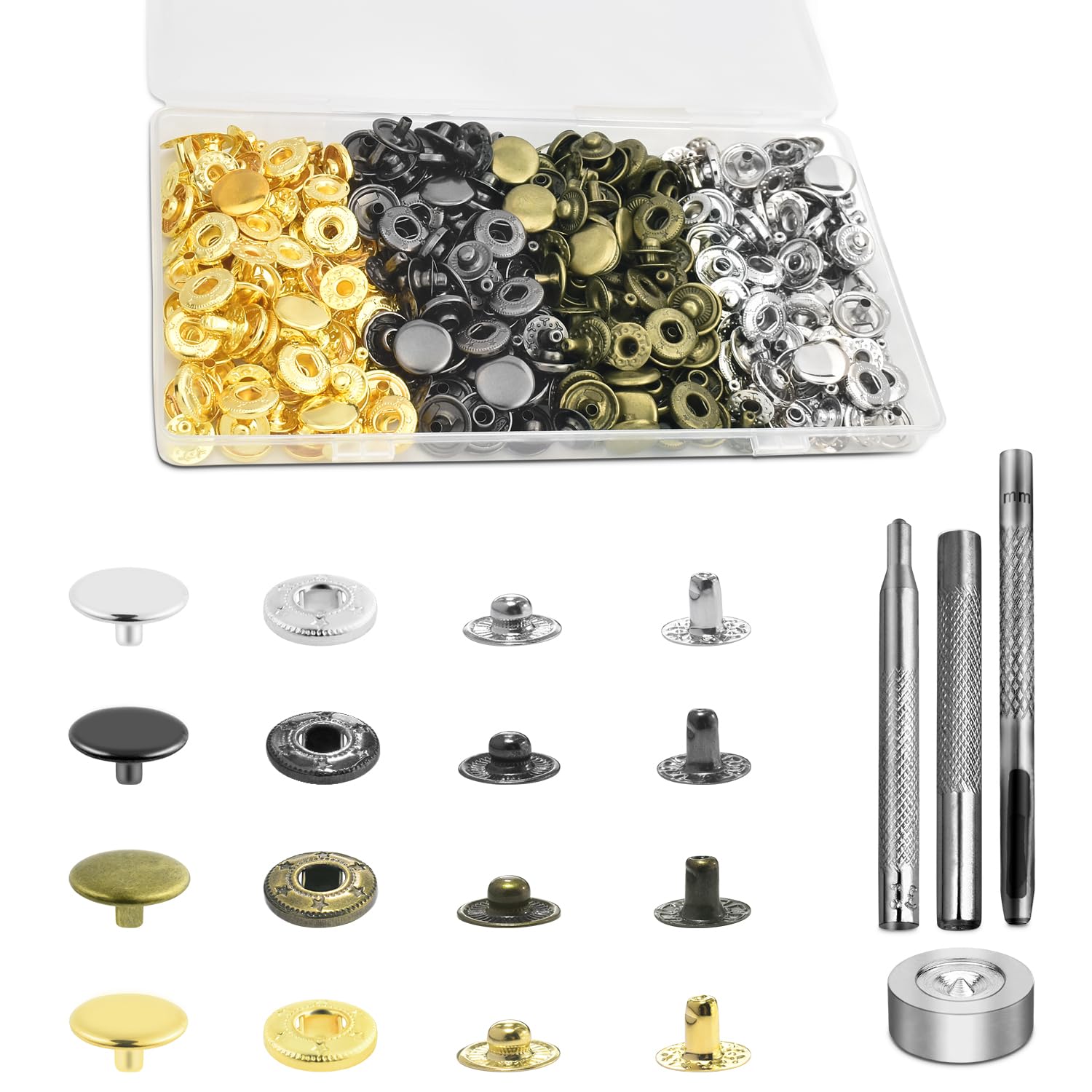 Photo 1 of 100 Sets Leather Snap Fasteners Kit, 10mm Snaps Button, Metal Snap Buttons Press Studs with 4 Install Tools 4 Colors for Leather Bag Clothes Jackets Jeans Wears Bracelets Fashion DIY Sewing