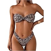 GORGLITTER Women's Leopard Cheetah Swimsuit Strapless Bandeau High Cut Thong Bikini Set Bathing Suit