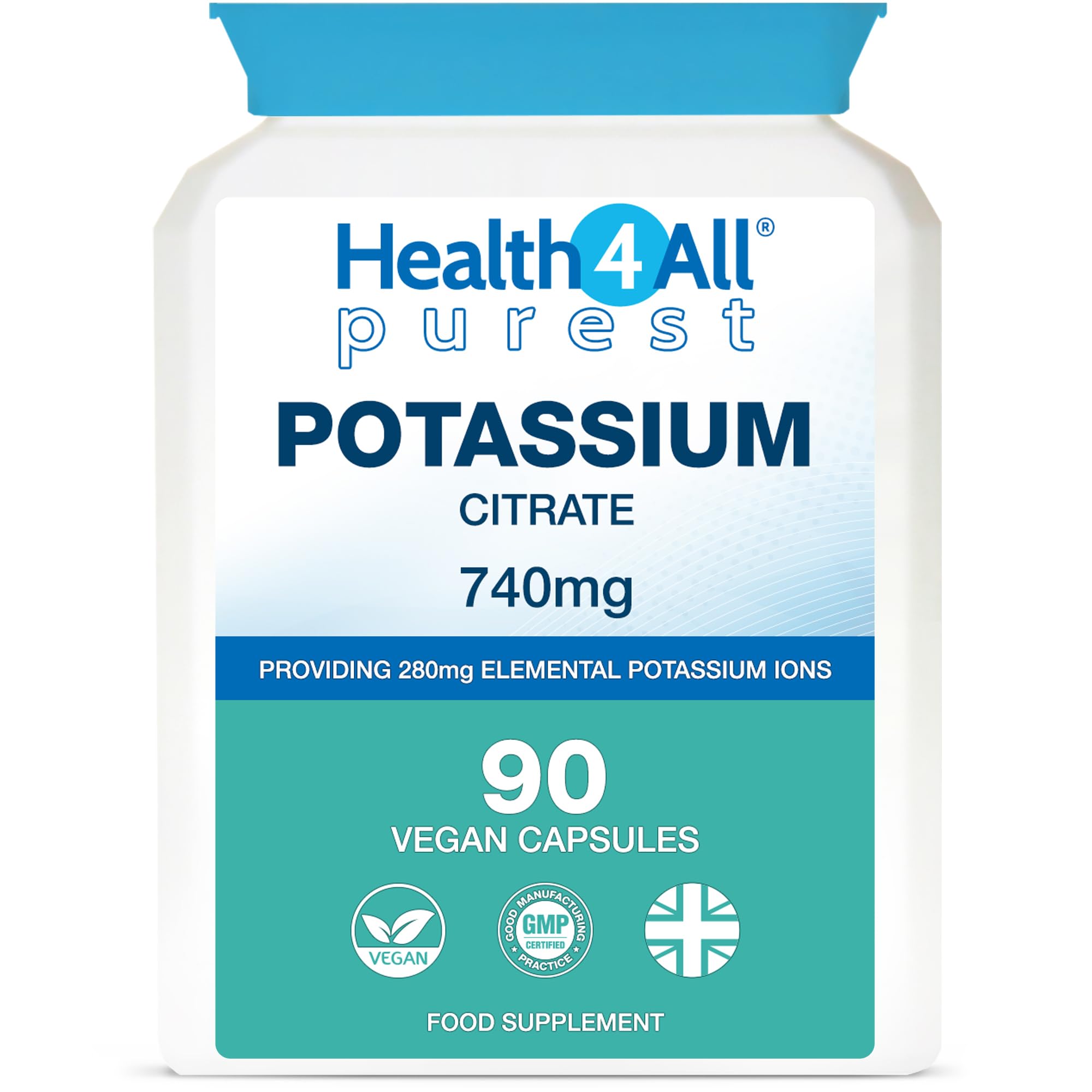 Health4All Potassium Citrate 740mg per Capsule 90 Capsules, Purest High Elemental K+ Ions, Vegan Electrolyte Supplement for Normal Blood Pressure & Muscle Function (not Tablets) | Made in UK