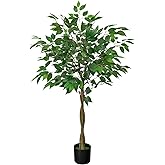 MondayRug Artificial Ficus Tree with 3 Natural Curved Trunks, 4FT Tall Faux Ficus Tree in Sturdy Plastic Nursery Pot, Faux Plant for Office Home Living Room Farmhouse, Indoor Outdoor Decor