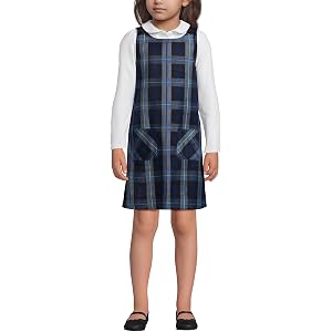 Lands' End Girls Plaid Button Shoulder Patch Pocket Jumper 3 French Blue Plaid
