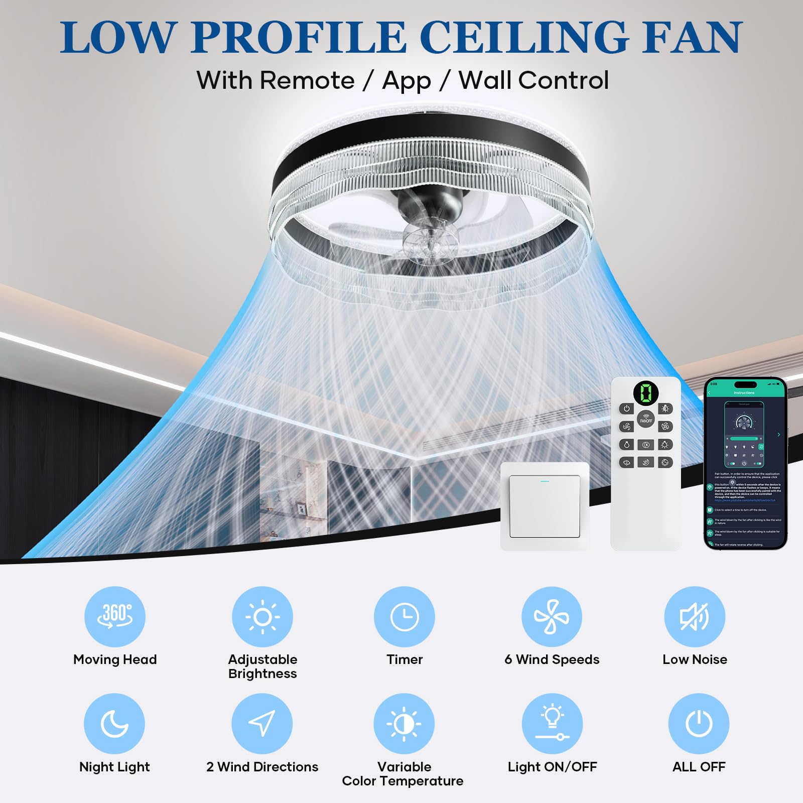 kejector Low Profile Ceiling Fan with Light,20 Inch Fandelier Ceiling Fans with Lights and Remote App Control,360°Oscillation Bladeless Flush Mount LED Fan Light for Bedroom Living Dining Room