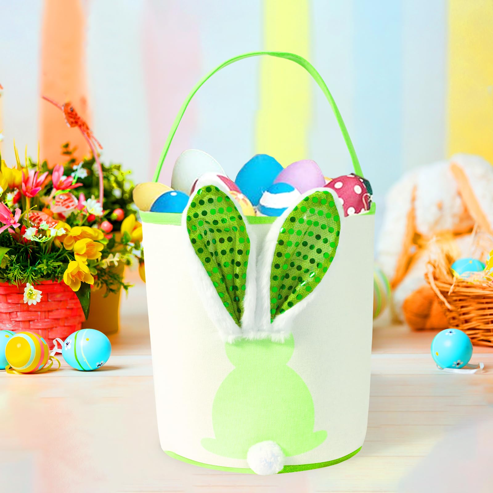 Easter Bunny Baskets Empty with Lights, Large Easter Egg Hunt Baskets for Kids, Canvas Easter Basket Candy Tote Bags with Handles, Easter Decorations Party Supplies (Blue + Pink)