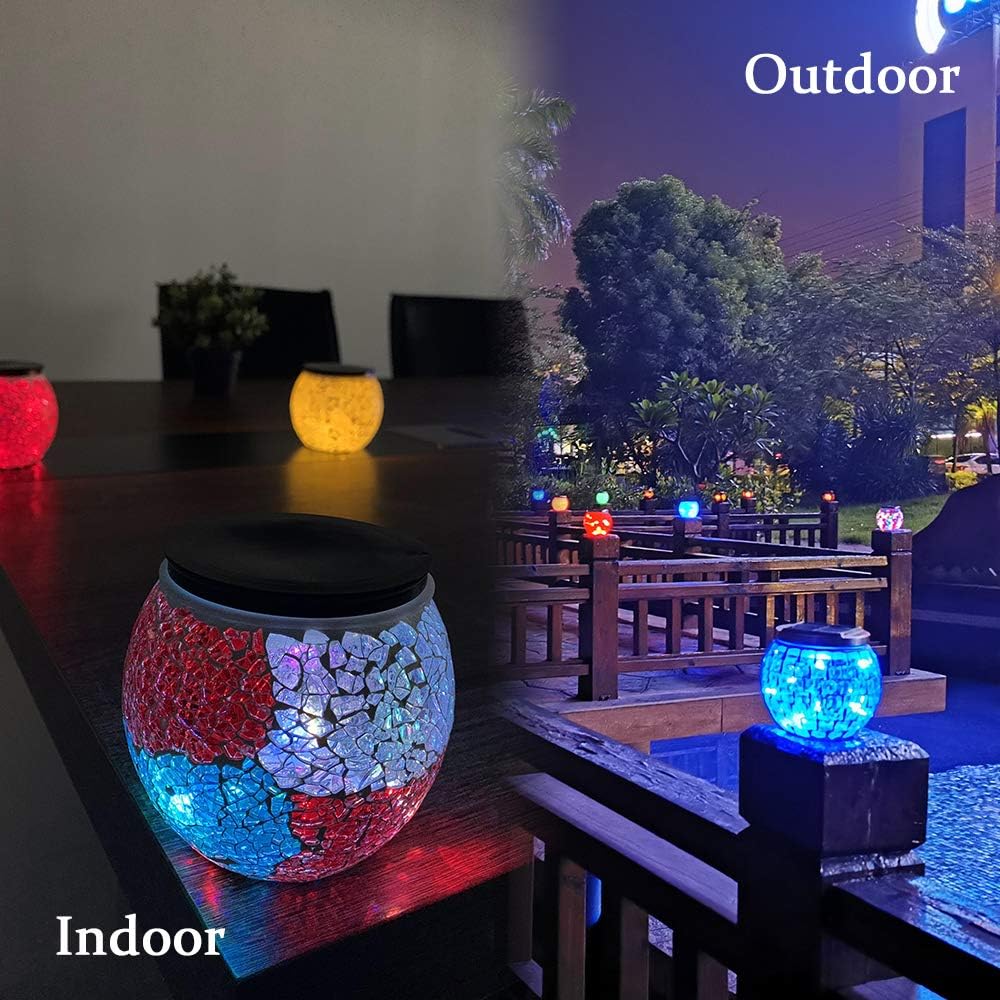 Nurluce 4 Pack Battery Operated Outdoor Tabletop Lanterns 10 LED Outdoor Garden Mosaic Glass Decorative Lanterns Cracked Glass Waterproof Table Lamp Waterproof Mood Lights for Patio Garland Garden - - 