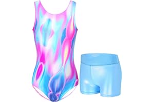 Nokecina Gymnastics Leotards for Girls Sparkly Tumbling Bodysuits with Shorts Athletic Activewear Sleeveless Dance Outfit