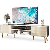 BVIUNTWO TV Stand for 75 Inch TV, Entertainment Center with Storage, 2 Cabinet Media Console Table, Wood Feet, Living Room, Bedroom Furniture,White&Oak