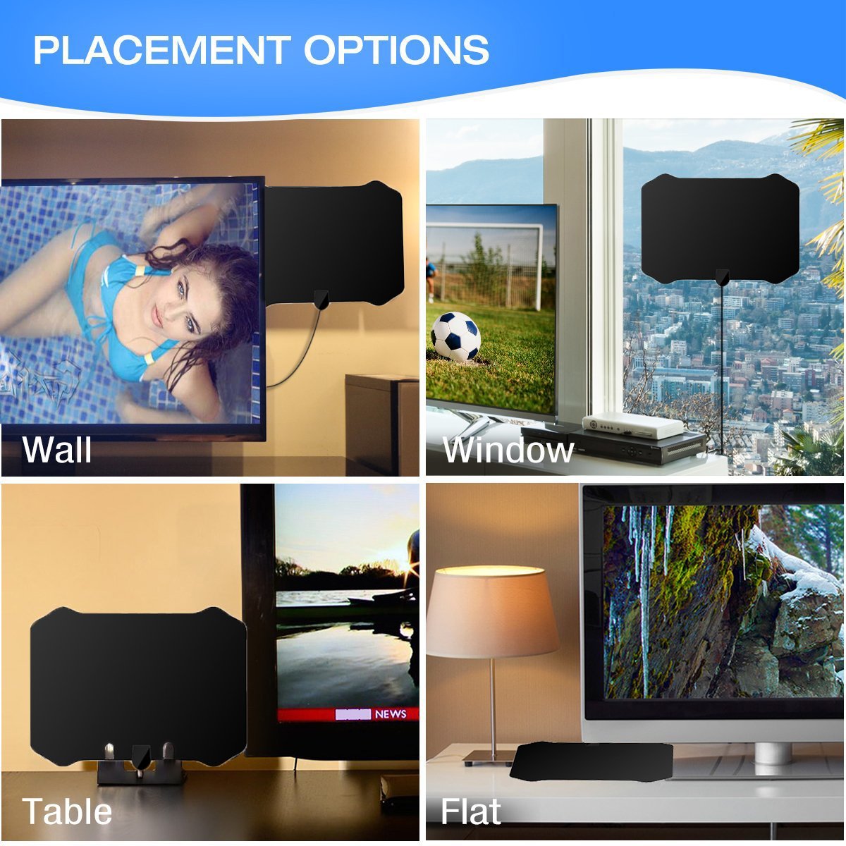 TV Antenna, LENPOW Best Indoor 1080P Amplified Digital TV Antenna 60 Mile Range with Detachable Amplifier Signal Booster, USB Power Supply, 16.5Ft High Performance Coaxial Cable, Black