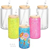 Micellwuu 6 Pack 16 Oz Sublimation Snow Globe Tumbler, Snow Globe Cups with Pre Drilled Hole, Double Wall Beer Can Glass Mason Jar Mug with Bamboo Lids and Straws for Snowglobe DIY