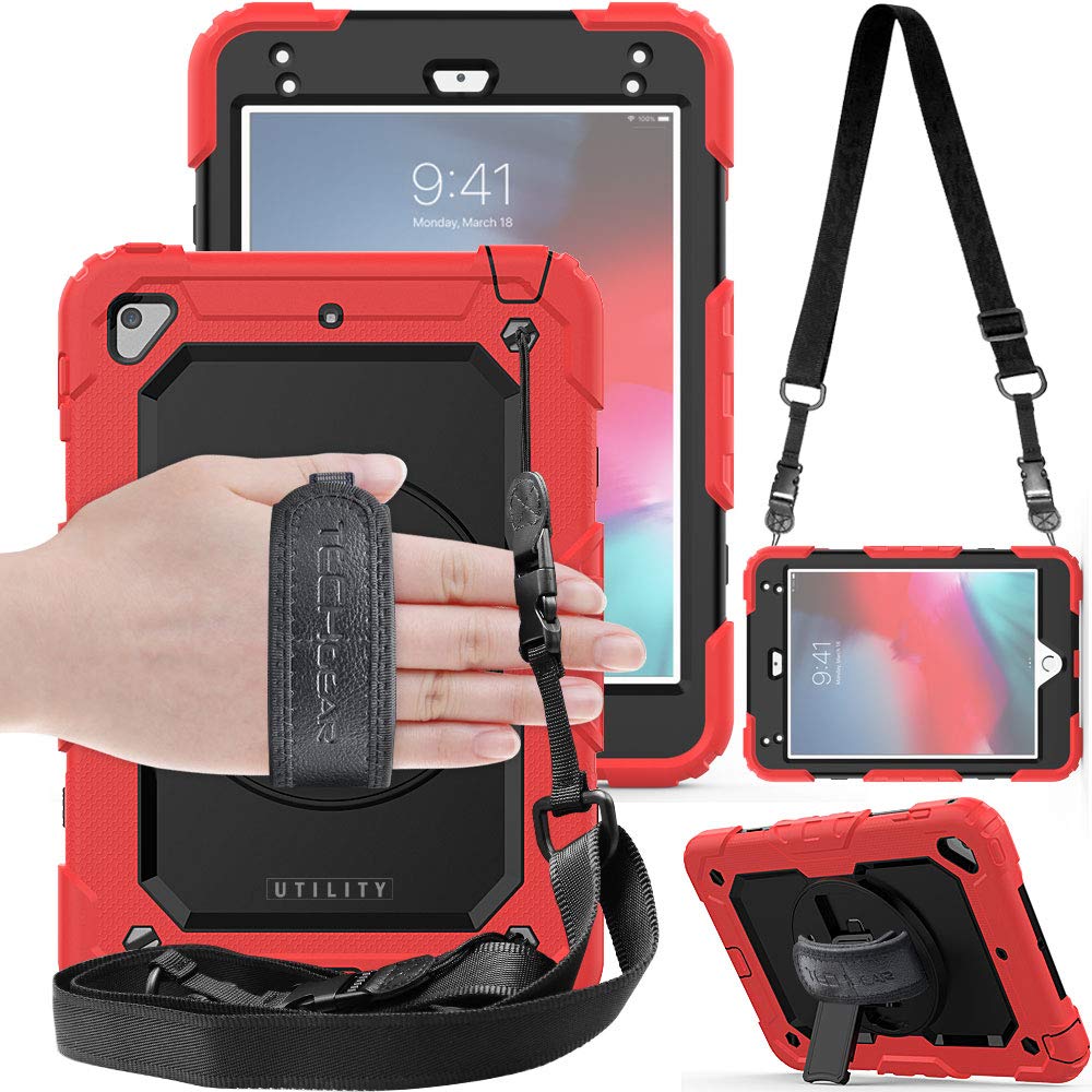 TECHGEAR UTILITY Case fits Apple iPad Mini 5th Gen 2019 / iPad Mini 4 Tough Rugged HEAVY DUTY Armour Shockproof Protective Case 360 Degree Rotating Stand, Hand Strap and Shoulder Strap - Red