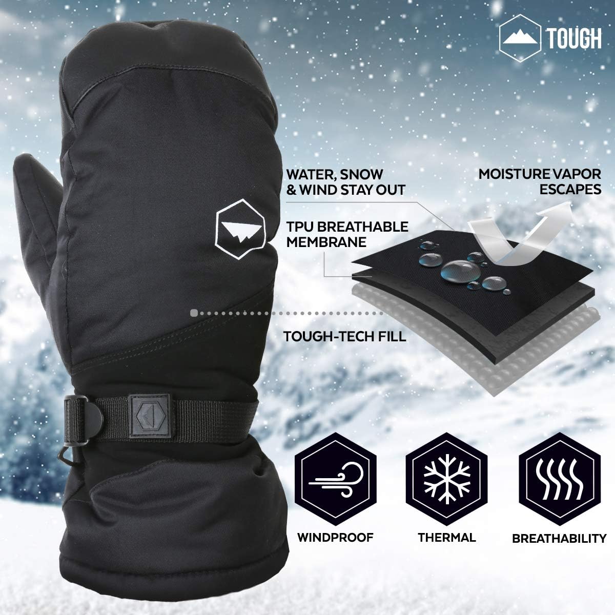 Winter Ski Mittens for Men & Women - Warm Adult Snow Mitts for Cold Weather - Waterproof Gloves Designed for Snowboarding, Skiing, Shoveling & Other Outdoor Sports - with Wrist Leashes : Clothing