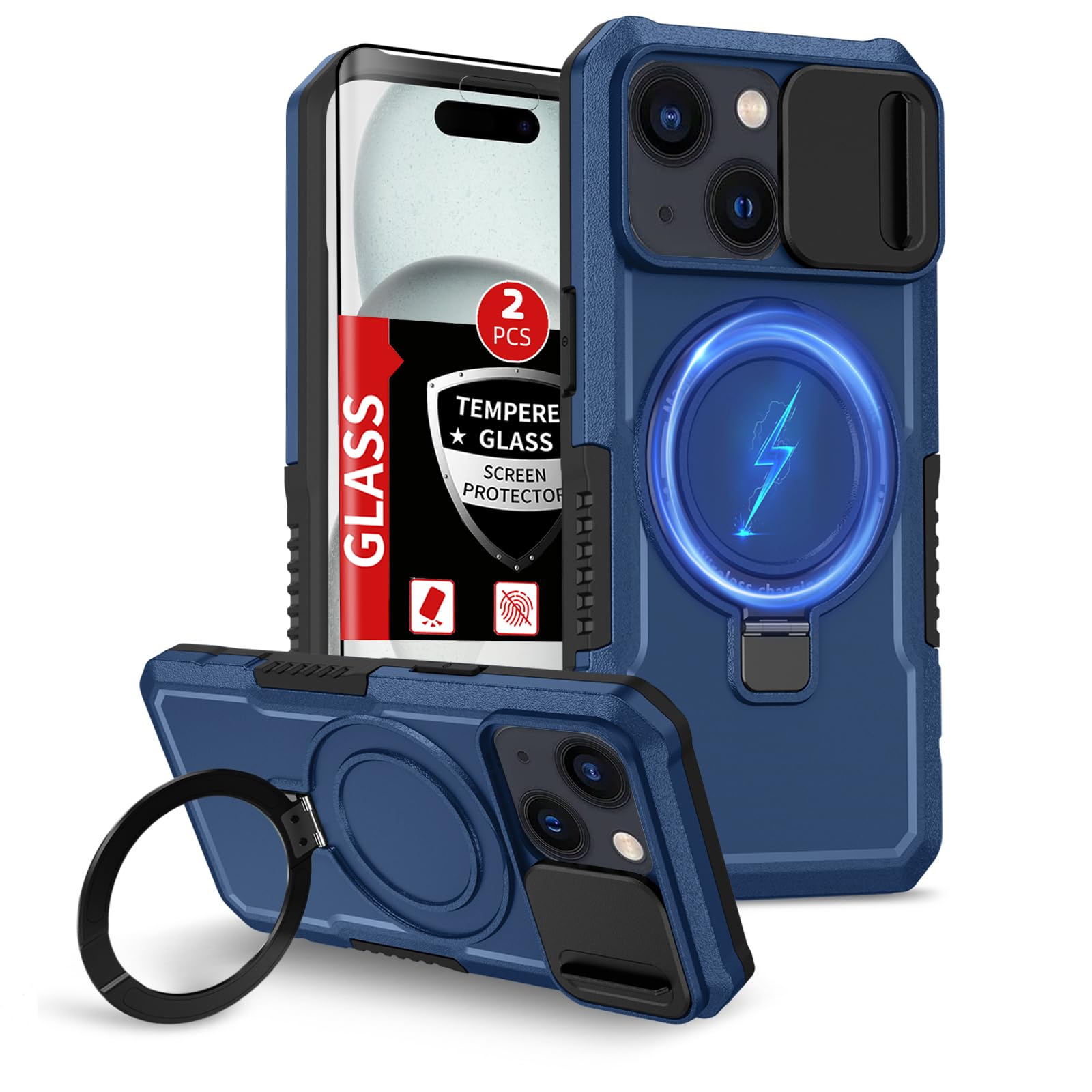 Photo 1 of FRLMOOES for iPhone 15 Plus Case Compatible with MagSafe Wireless Charging Magnetic for 15 Plus Case with 2 Screen Protector,Built-in Kickstand & Camera Cover Shockproof Heavy Duty Protection Blue