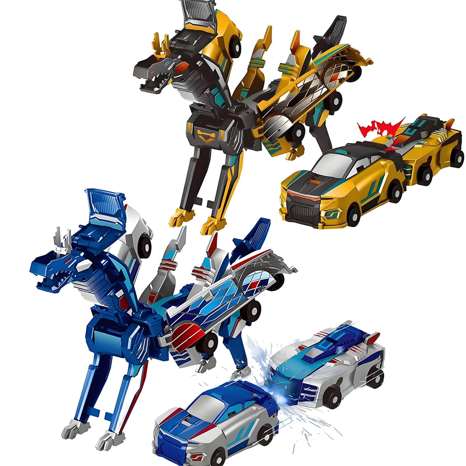 Aimery Collision Transforming Dinosaur Car Toy, 2 Magnetic Cars Convert into Dinosaur Toys,Dino Robot Toy, Boys Toys,Kids Toys, Party Birthday for Kids (Gold Blue)