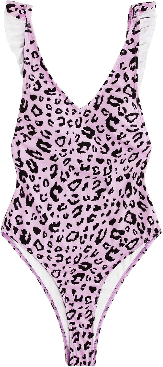 SweatyRocks Women's Sexy One Piece Swimsuit Ruffle Trim Leopard Print