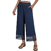 Hubery Womens Wide Leg Cropped Pants High Waisted Palazzo Summer Beach Flowy Pants Lace Hem Trousers with Pockets