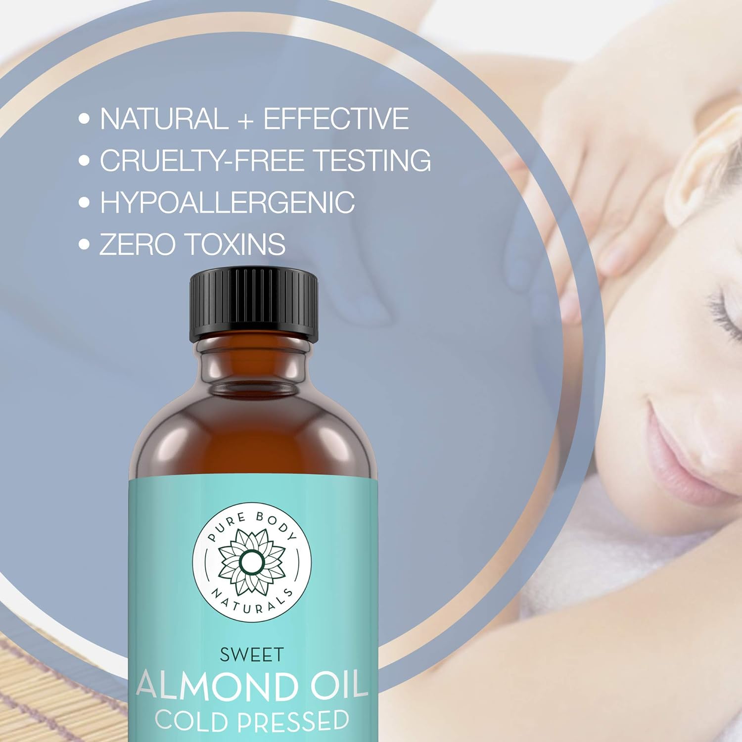 Sweet Almond Oil, 4 fl oz - Cold Pressed and 100% Pure - for Hair, Skin, Nails, Therapeutic Massage, Carrier Oil - by Pure Body Naturals: Beauty