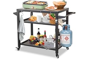 DOMI OUTDOOR LIVING Domi 3-Shelf Outdoor Grill Table, Grill Cart Outdoor with Wheels, Pizza Oven Table and Food Prep Table, Blackstone Table with Propane Tank Hook, Grill Stand for Blackstone Griddle for Outside BBQ