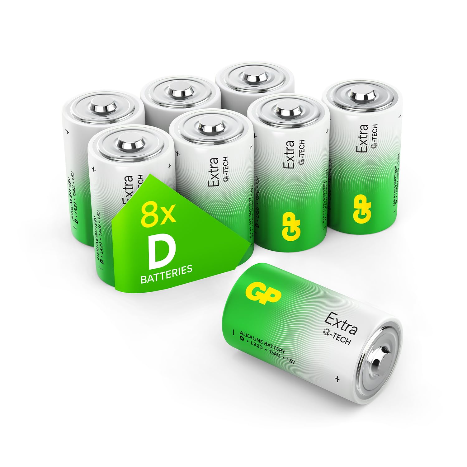 Size/Type D Batteries Pack of 8 LR20 batteries 1.5V by GP Batteries Type D Cell Size Extra Alkaline Batteries ideal for: Toys/Radio’s/Garden equipment