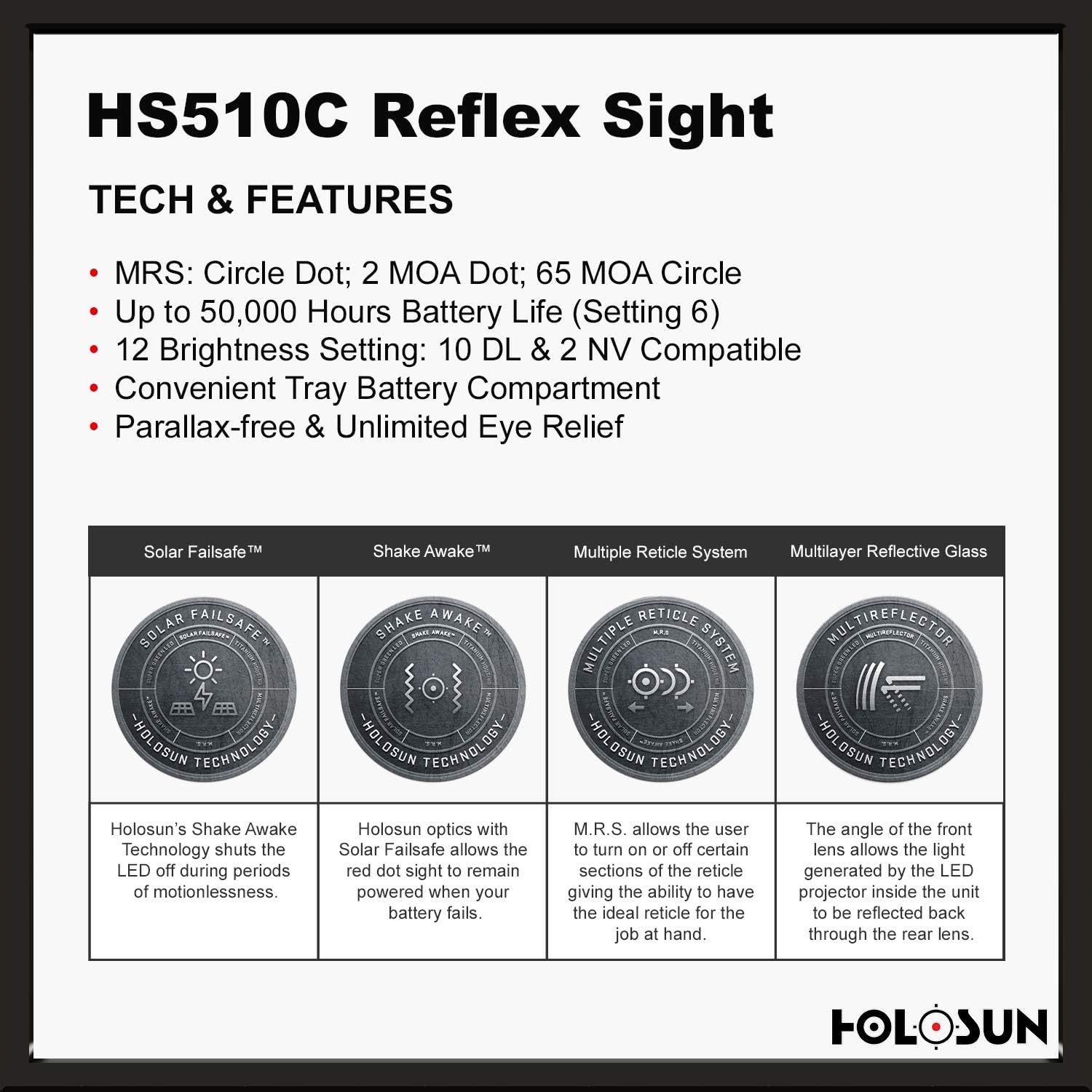 Holosun HS510C 2 MOA Dot Or A 65 MOA Ring Open Reflex Circle Dot Solar Power Holographic Red Dot Sight : Sports & Outdoors