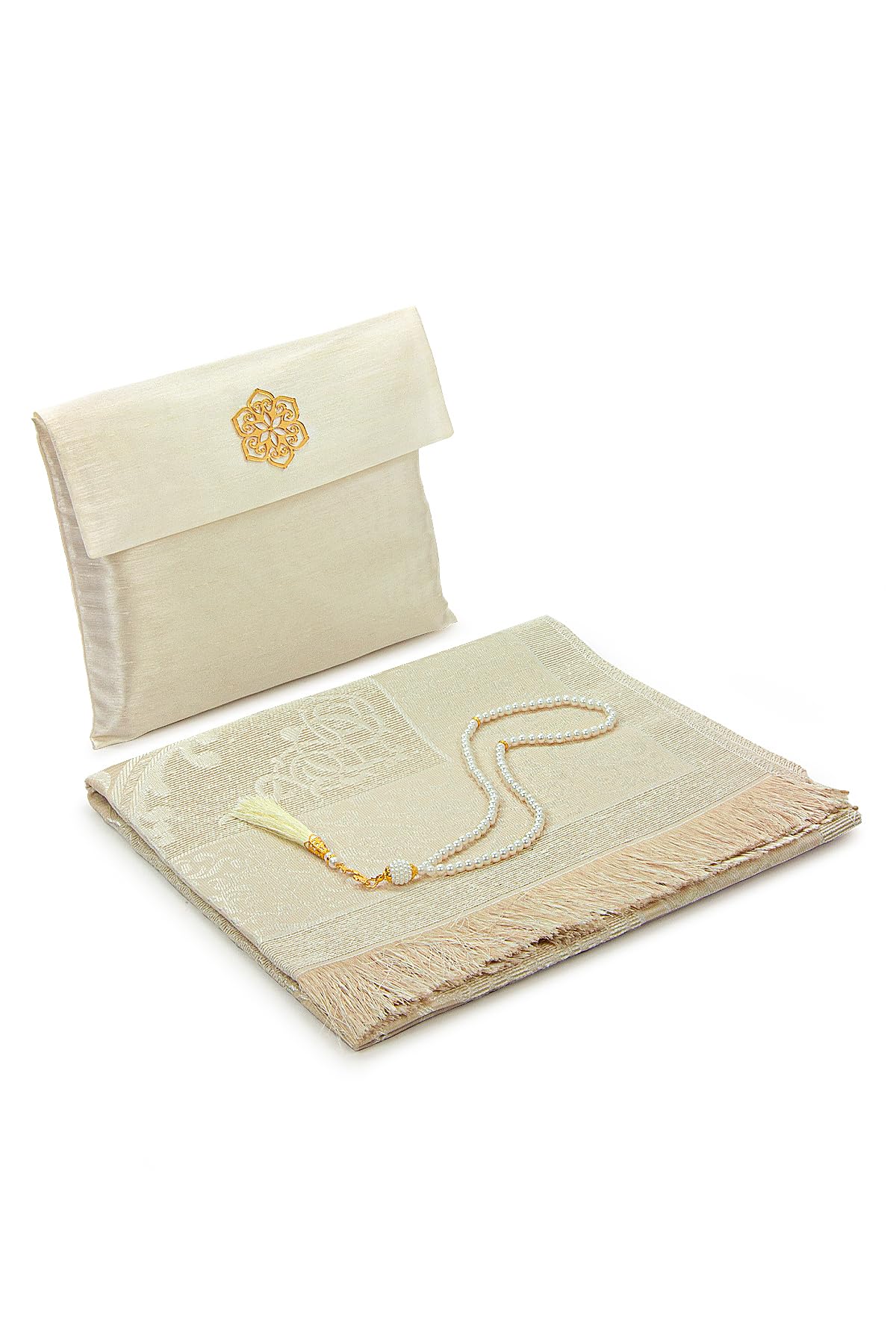 ihvan online Muslim Prayer Rug with 99 Beads Tasbih & Travel Bag, Soft Taffeta Sajadah, Lightweight & Foldable Janamaz, Portable Prayer Mat, Islamic Gift for Eid, Ramadan, Hajj & Umrah, Ecru