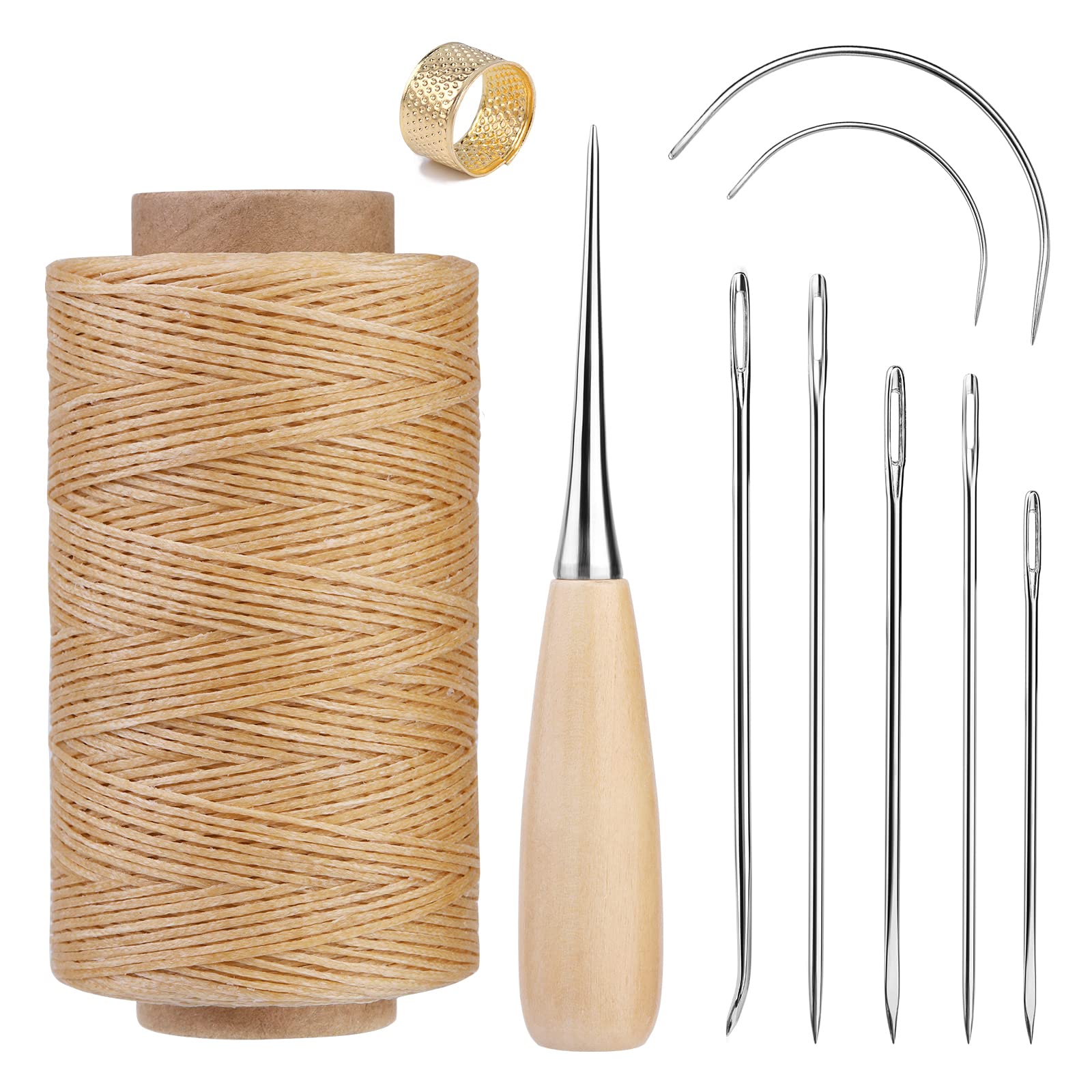SUVSOON 273 Yards Leather Waxed Thread Kit, Upholstery Repair Waxed Thread Including Needle Awl Thimble, Leather Sewing Kit for Carpet Sofa Seat Shoe Sewing(Natural Color)