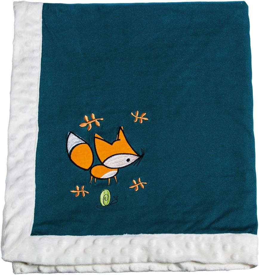 Frolicking Forest Navy and Orange Embroidered Fox Minky Dot Blanket