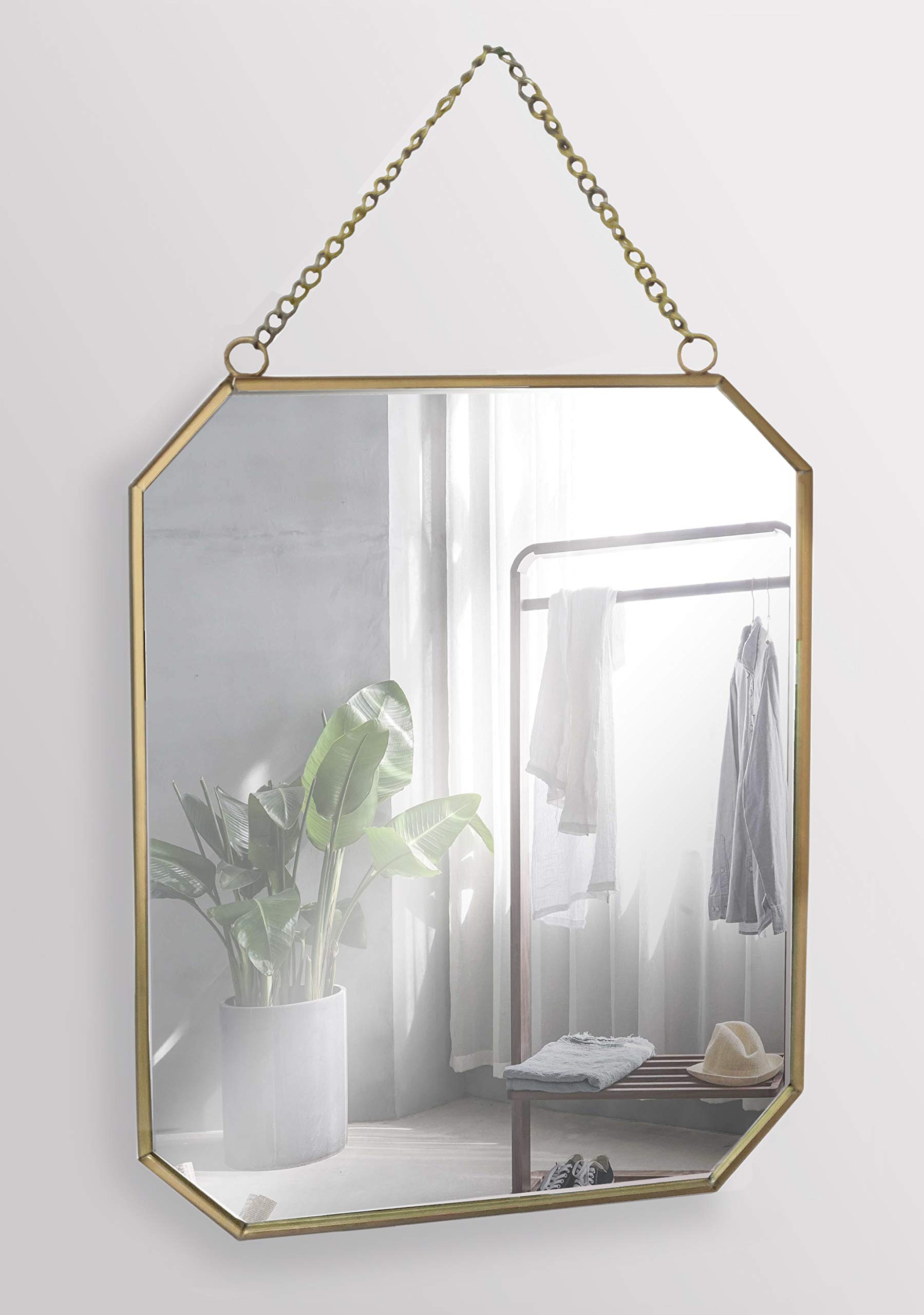 GreyZouq Rectangular Gold Metal Framed Mirror 25cm x 19cm in Portrait Aspect with Hanging Chain - Stylish Decor for Living Room, Kitchen, Bedroom, Bathroom, and Hallway. Vintage and contemporary