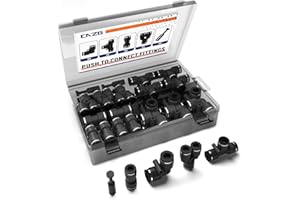 CNZG PNEU 60pcs 1/4" Push to Connect Fittings, 1/4 inch OD Air Hose Tubing Air Line Fittings Pneumatic Quick Connects Kit (Tee, Straights, Elbows, Splitters,Plugs)