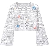 Verdusa Girl's 3D Floral Applique Long Sleeve Hollow Out Knitted Button Up Cardigan
