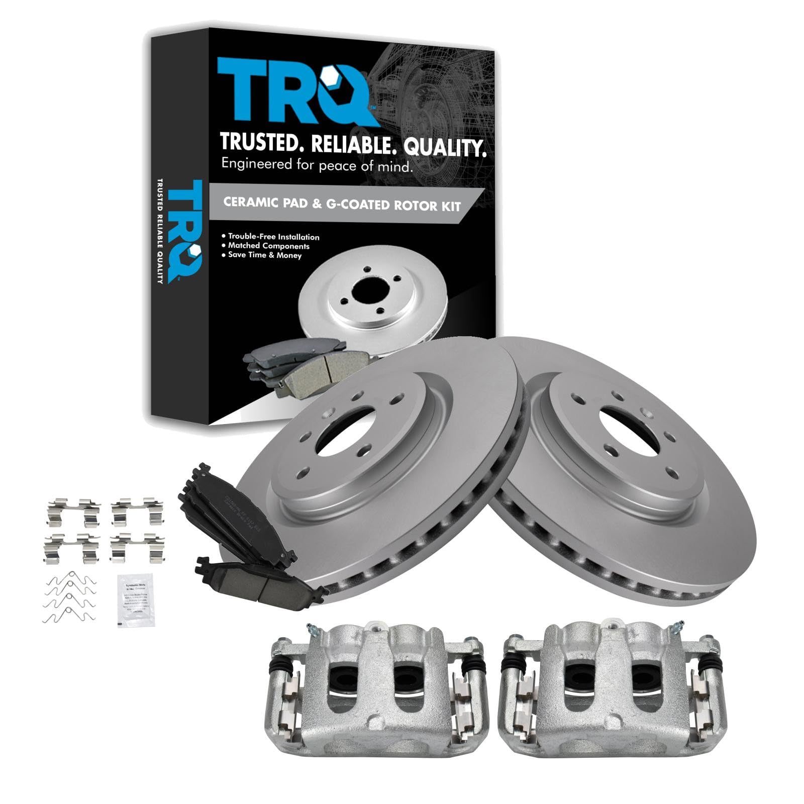 TRQ Front Brake Pad & Rotor Kit Brake Caliper Brake Pads Brake Rotor Ceramic Vented Premium G-Coated Compatible with 2011-2018 Ford Explorer 2009-2018 Flex 2010-2018 Taurus 2009-2012 Lincoln MKS MKT