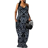 EQQZD Women's Summer Maxi Dress Spaghetti Strap Floral Boho Beach Long Sundress with Pockets