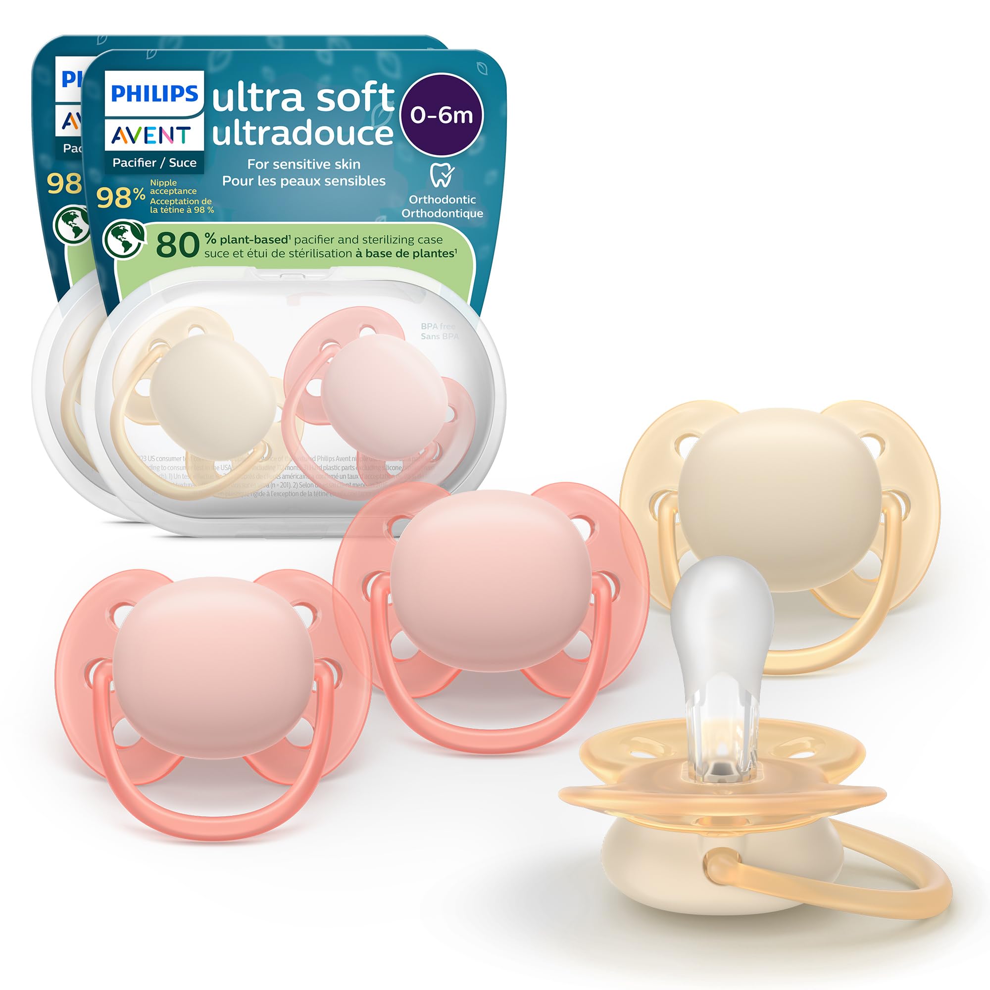 Photo 1 of ***MISSING PARTS******STOCK PHOTO FOR REFERENCE ONLY***Philips Avent Ultra Soft Pacifiers - Orthodontic Design, for Babies 0-6 Months, Flexible Shield, Silicone Symmetrical Nipple, BPA-Free, 2 Sterilizing Cases, 4 PACK