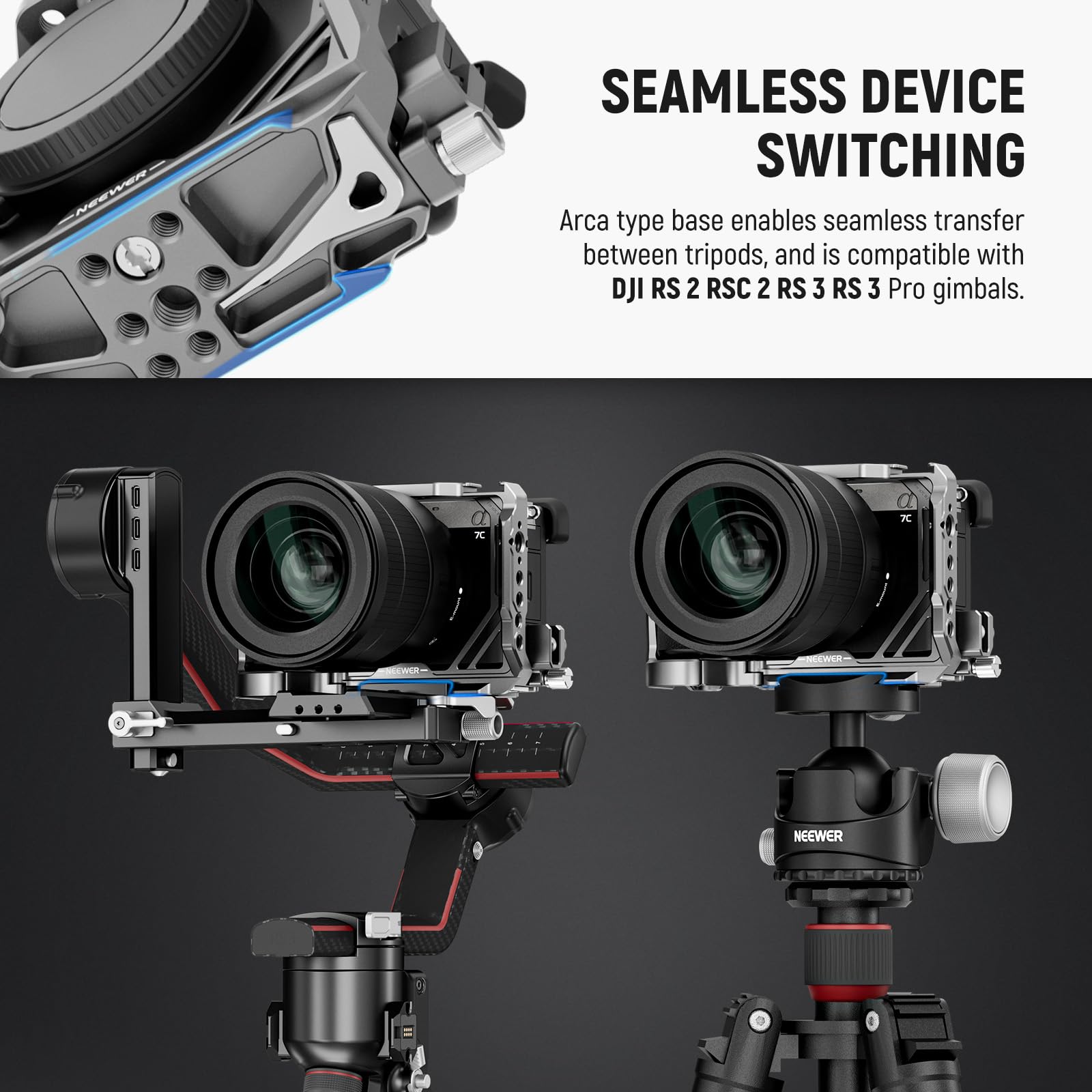 NEEWER A7C II A7CR Camera Cage, Aluminum Video Rig with QR Base Arca Type Anti Slip Compatible with Sony DJI RS Gimbal, HDMI Cable Clamp, NATO Rail, Cold Shoe 3/8