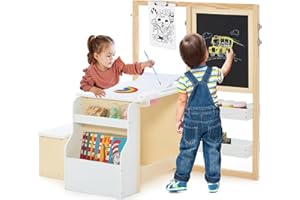 INFANS 3 in 1 Kids Art Table and Chair Set, Toddler Craft and Play Wood Activity Desk with Double-Sided Easel Blackboard Whiteboard, Paper Roll for Writing, Children Furniture for Daycare Nursery