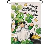 Artofy Happy St Patricks Day Gnome Small Decorative Garden Flag, Pot of Gold Lucky Shamrock Clover Yard Lawn Outside Decor, Irish Spring Burlap Outdoor Home Decoration Double Sided 12 x 18