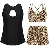 AI'MAGE Womens 3 Piece Tankini Swimsuits Tummy Control Bathing Suits Tank Top with Bra Boy Shorts Summer Swimwear S-XXL