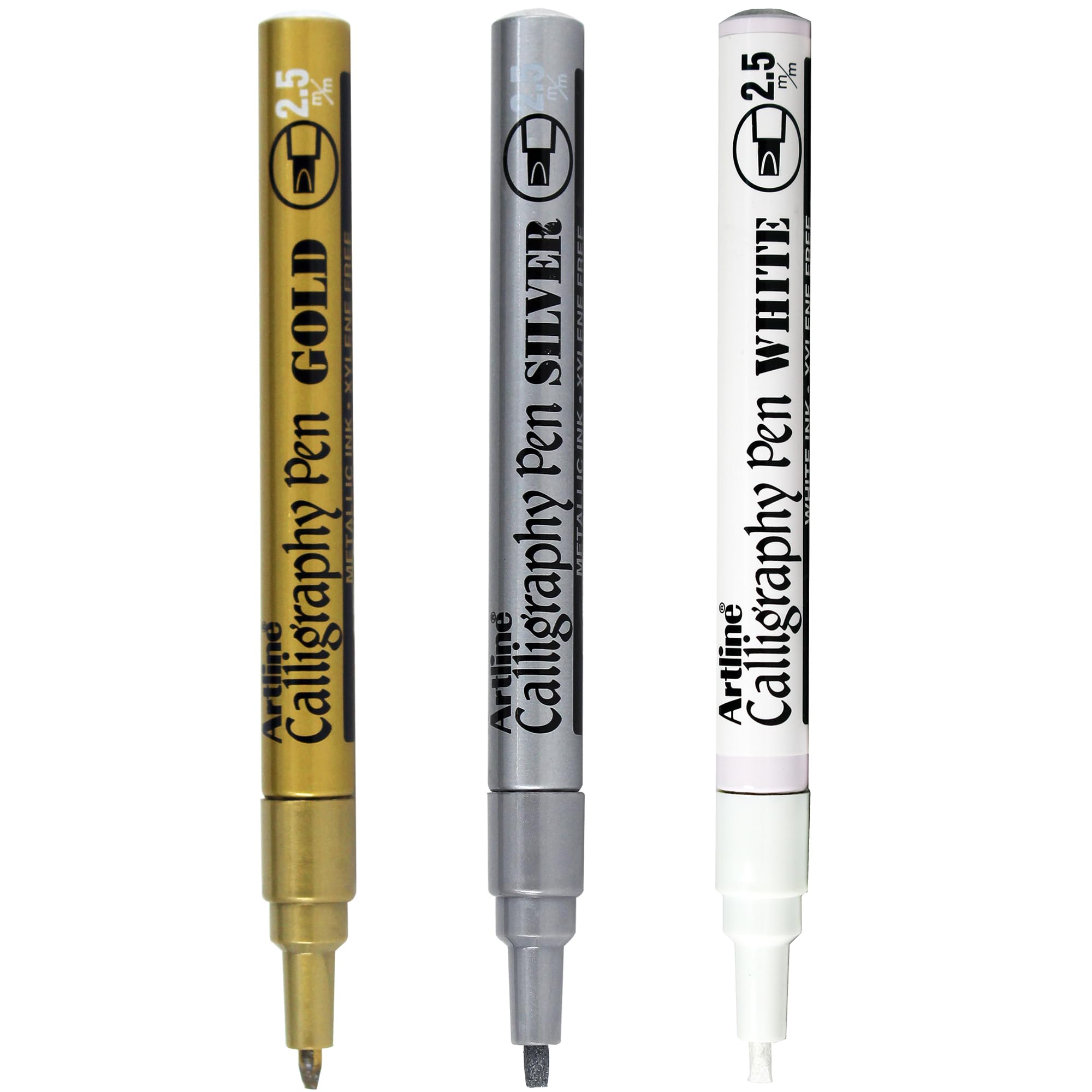 Artline Metallic Calligraphy Set – Pack of 3 Metallic Calligraphy Pens (Gold, Silver & White). Calligraphy Pens for Writing Cards or Illustration. 2.5mm Nib – Genuine Hand Writing Pens