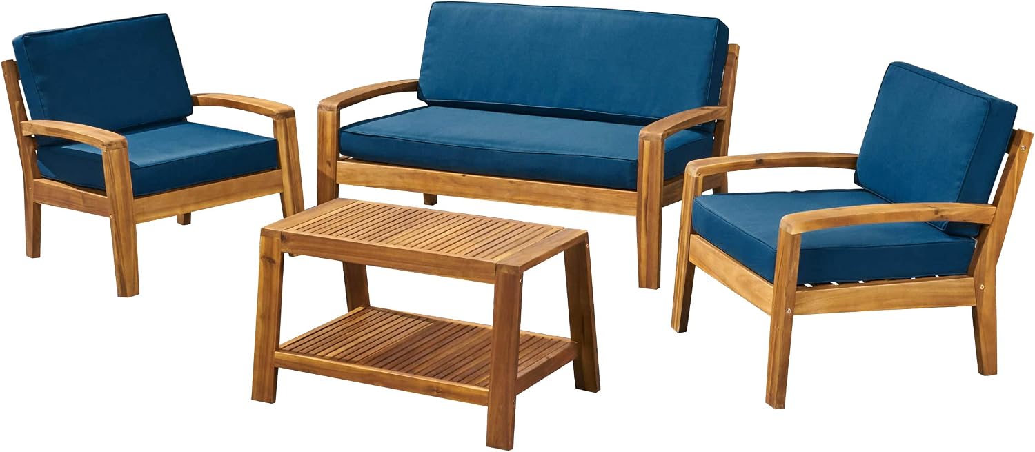 Amazon Com Great Deal Furniture Sally Patio Conversation Set With Coffee Table 4 Seater Acacia Wood Teak Finish With Teal Outdoor Cushions Garden Outdoor