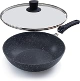 nuovva Non-Stick Wok Pan with Glass Lid 28cm Induction Base Detachable Handle