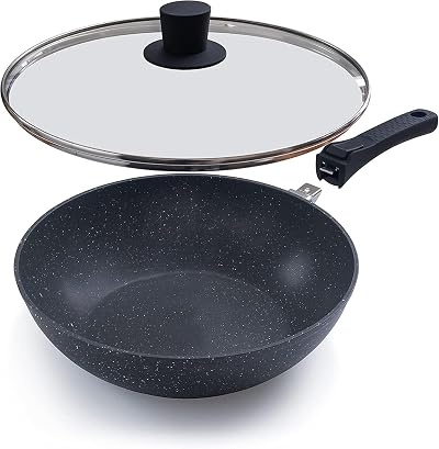nuovva Non-Stick Wok Pan with Glass Lid 28cm Induction Base Detachable Handle