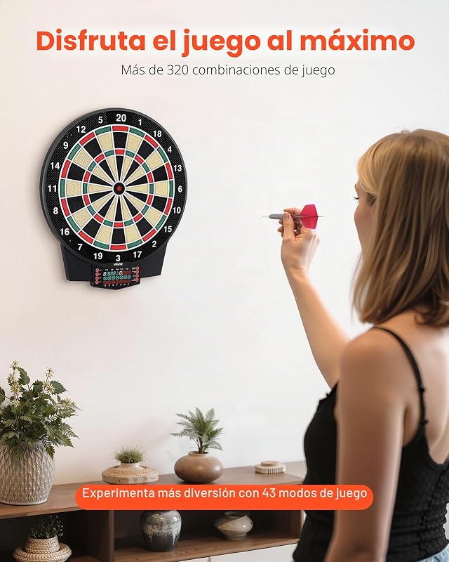 Tabuleiro de Dardos Eletrónico 393 mm, com 43 Jogos e mais de 320 Variações para até 8 Jogadores, 6 Dardos com Penas e 50 Ponteiras de Substituição, Marcador LCD a Cores, para Diversão em Casa e Festas