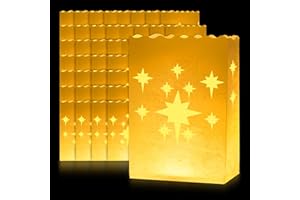 PureSturdy 60PCS Luminary Bags Outdoor,White Candle Bags,Stars Design Luminaries Bags for Christmas,Halloween,Thanksgiving,Party,Wedding