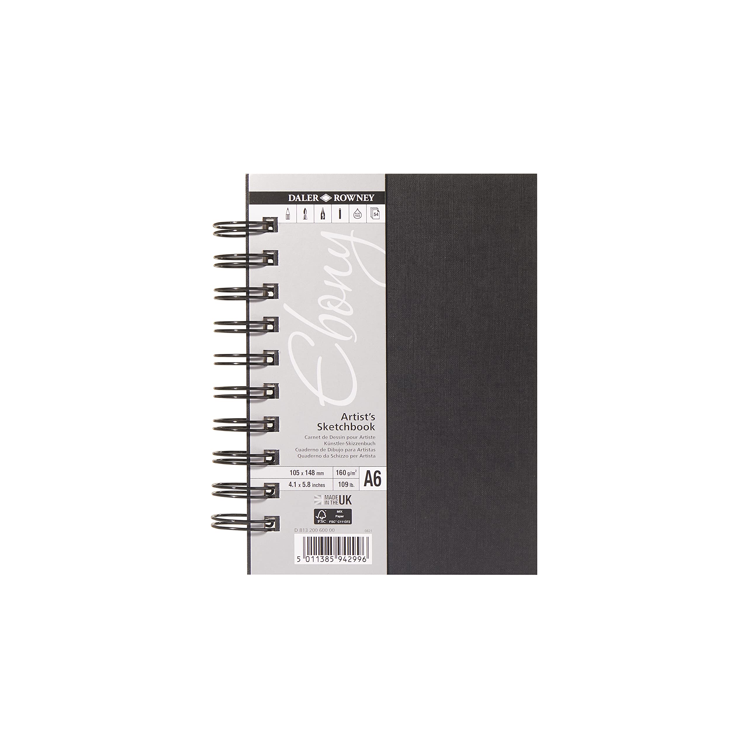 Daler-Rowney Ebony 160gsm Smooth A6 Portrait Sketchbook, Spiral Bound, 54 Natural White Sheets, For Professional Artists & Students