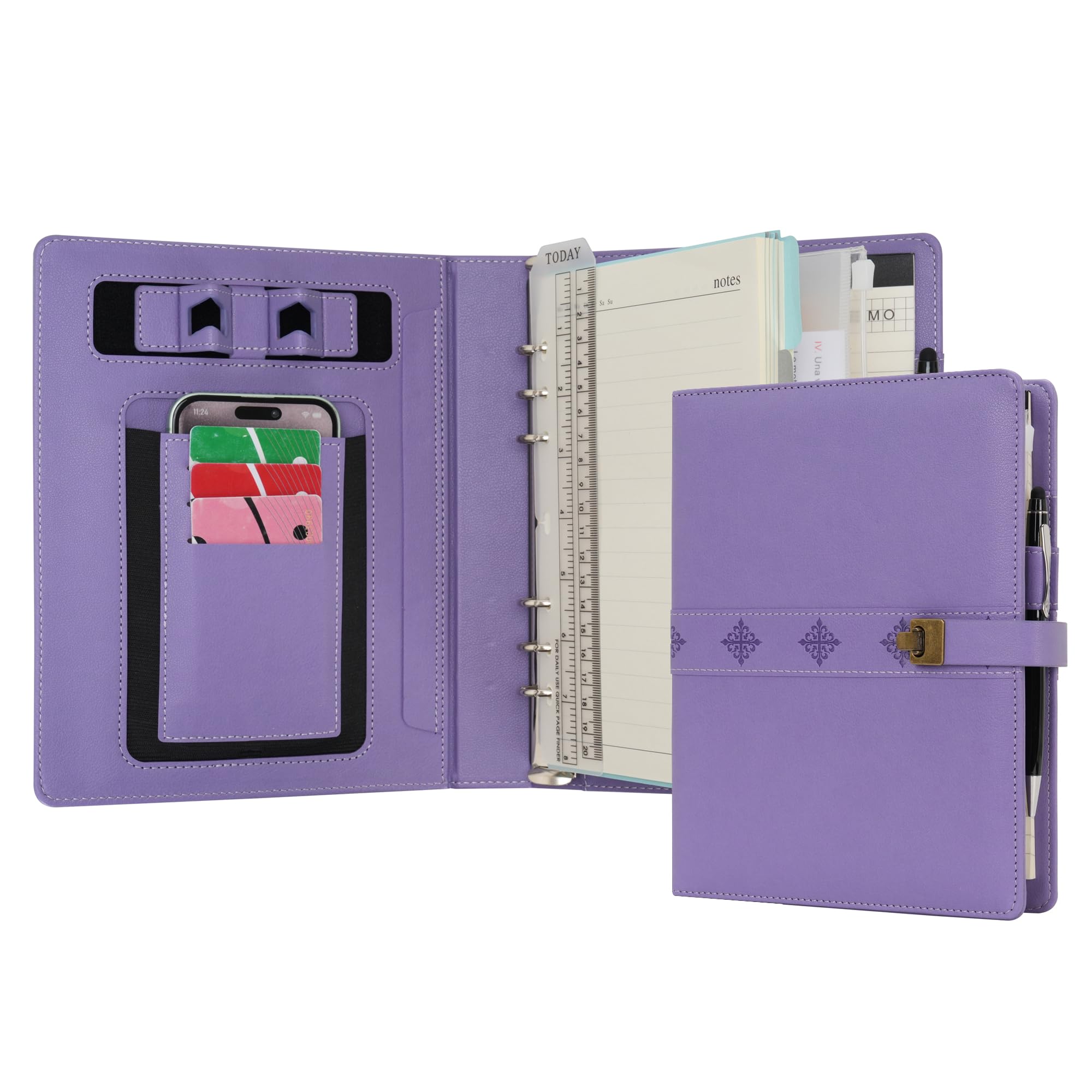 WASON A5 Diary PU Leather Composition Notebook Ruled Binder Journal with Pen, Refillable Paper, Removable Clipboard Portfolio, Notepad for Business Travel School Planner Organizer (Purple)
