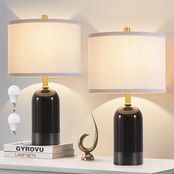 GYROVU MODERN CERAMIC TABLE LAMP SET OF 2, BLACK BEDSIDE LAMP 21.5″ TALL NIGHTSTAND LAMP END TABLE LAMPS FOR LIVING ROOM BEDROOM (BULBS INCLUDED)