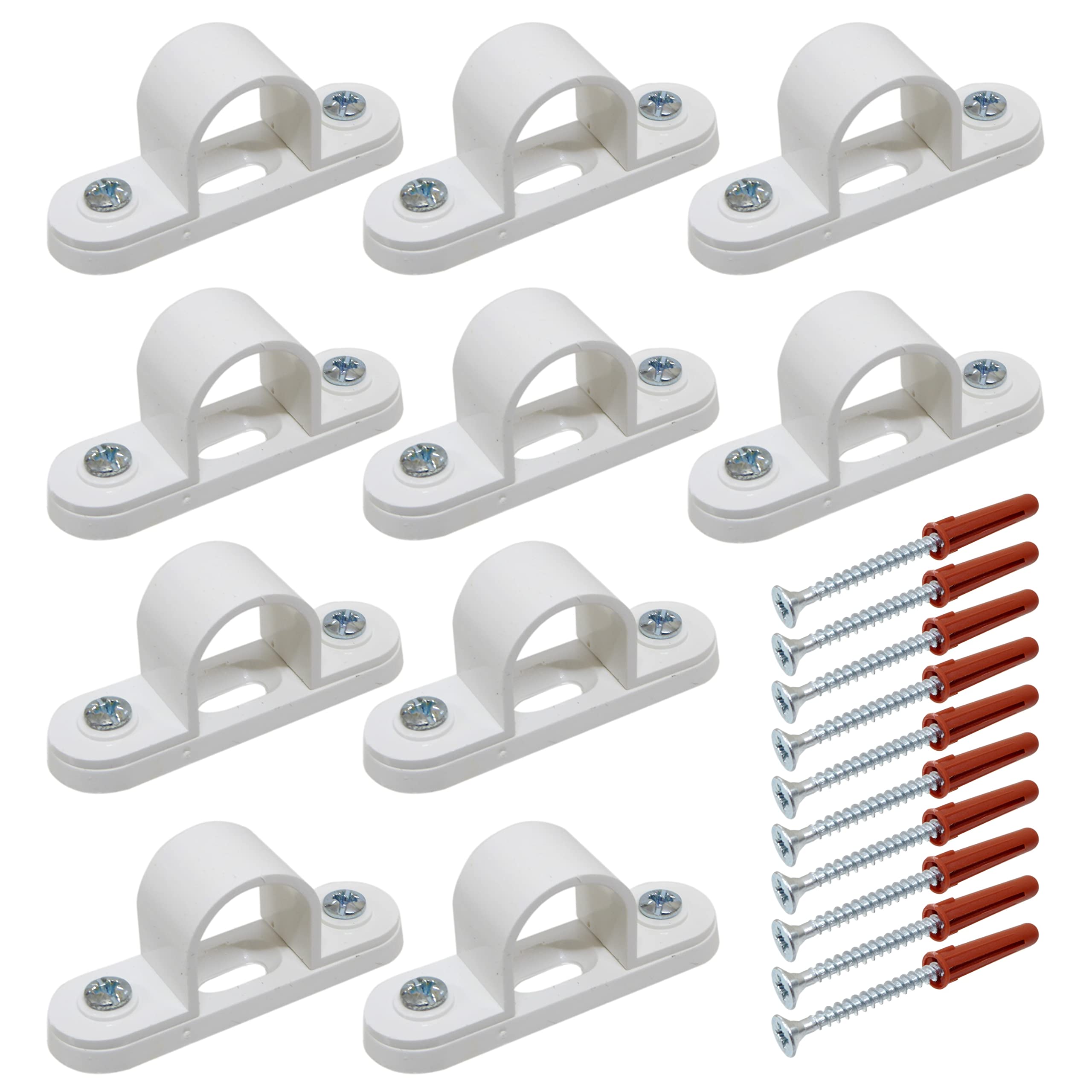 10x 20mm Conduit Clips White PVC Saddle Clips with Screws and Rawl Plugs