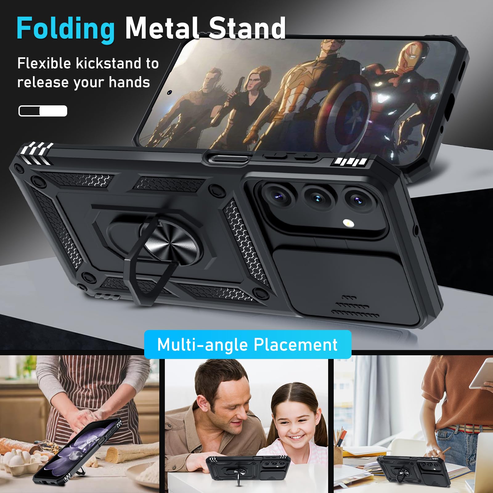 Janmitta Compatible with Samsung Galaxy A16 5G/4G Case Built in Slide Camera Lens Cover+Screen Protector+Finger Ring Holder Kickstand,Heavy Duty Shockproof Full Body Phone Cover,2025 Black