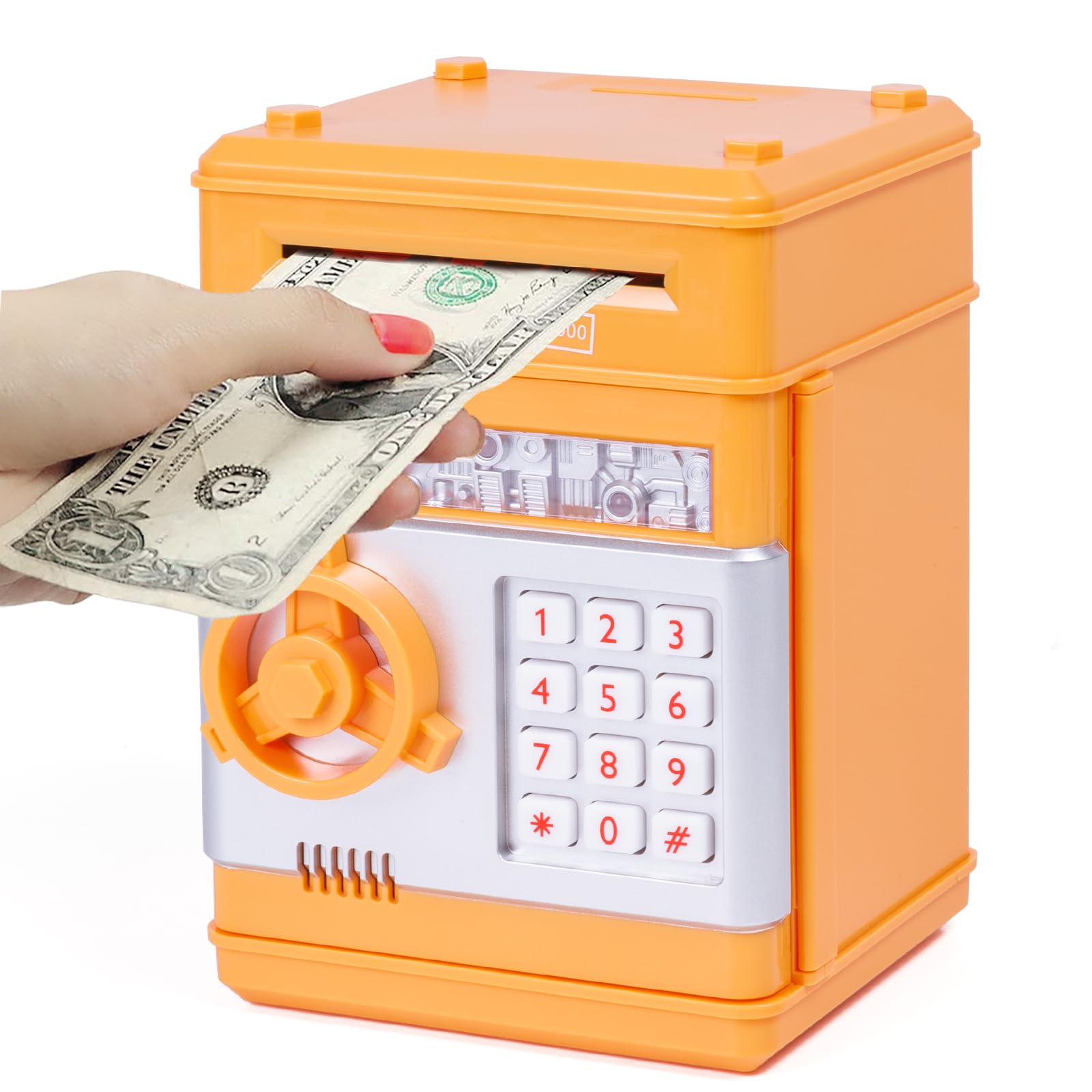 Photo 1 of Refasy Piggy Bank,Kids Toys for Girls Age 7-8 Cash Coin Can Electronic Money Bank with Password Code Kids Piggy Bank Money Saving Box Birthday Gifts for Boys Girls(Orange)
