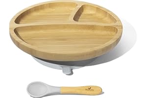 Avanchy Toddler Baby Plates Divided Bamboo, Suction for Babies Kids Toddler Food with Silicone Spoon for Feeding, Gray